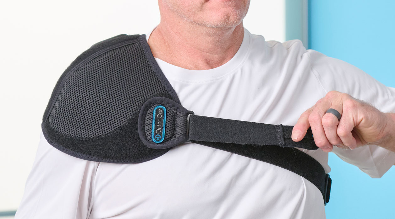A person wearing an Active Systems brace to support their shoulder