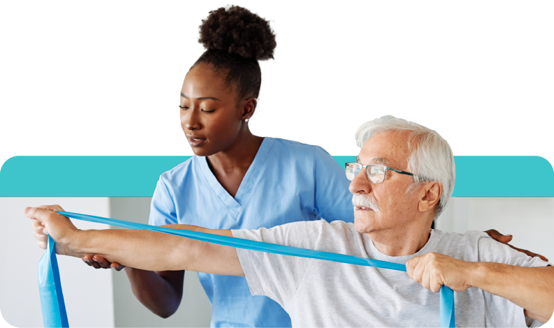 a physical therapist helping a man use an elastic band to help stretch his arm and hand